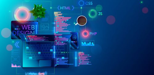 Web development, coding and programming responsive layout internet site or app of devices. Creation digital Software mobile, desktop platforms. Computer code on laptop, tablet, phone. Concept banner.